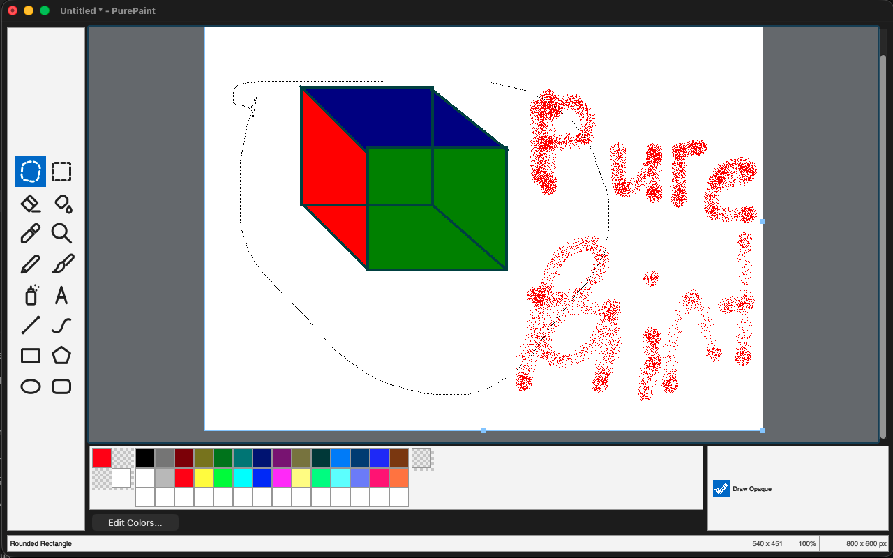 PurePaint drawing with colorful shapes and brush lettering
