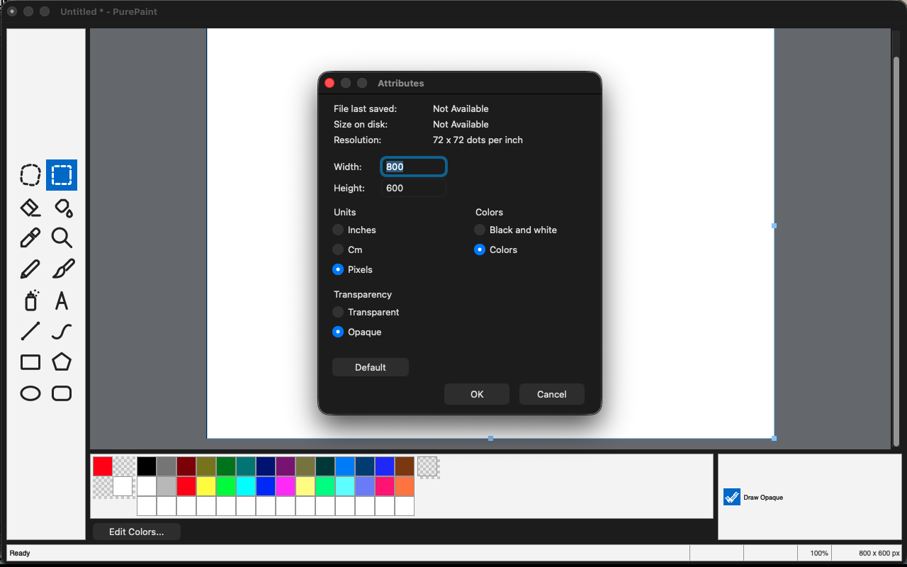PurePaint canvas attributes dialog for setting image dimensions